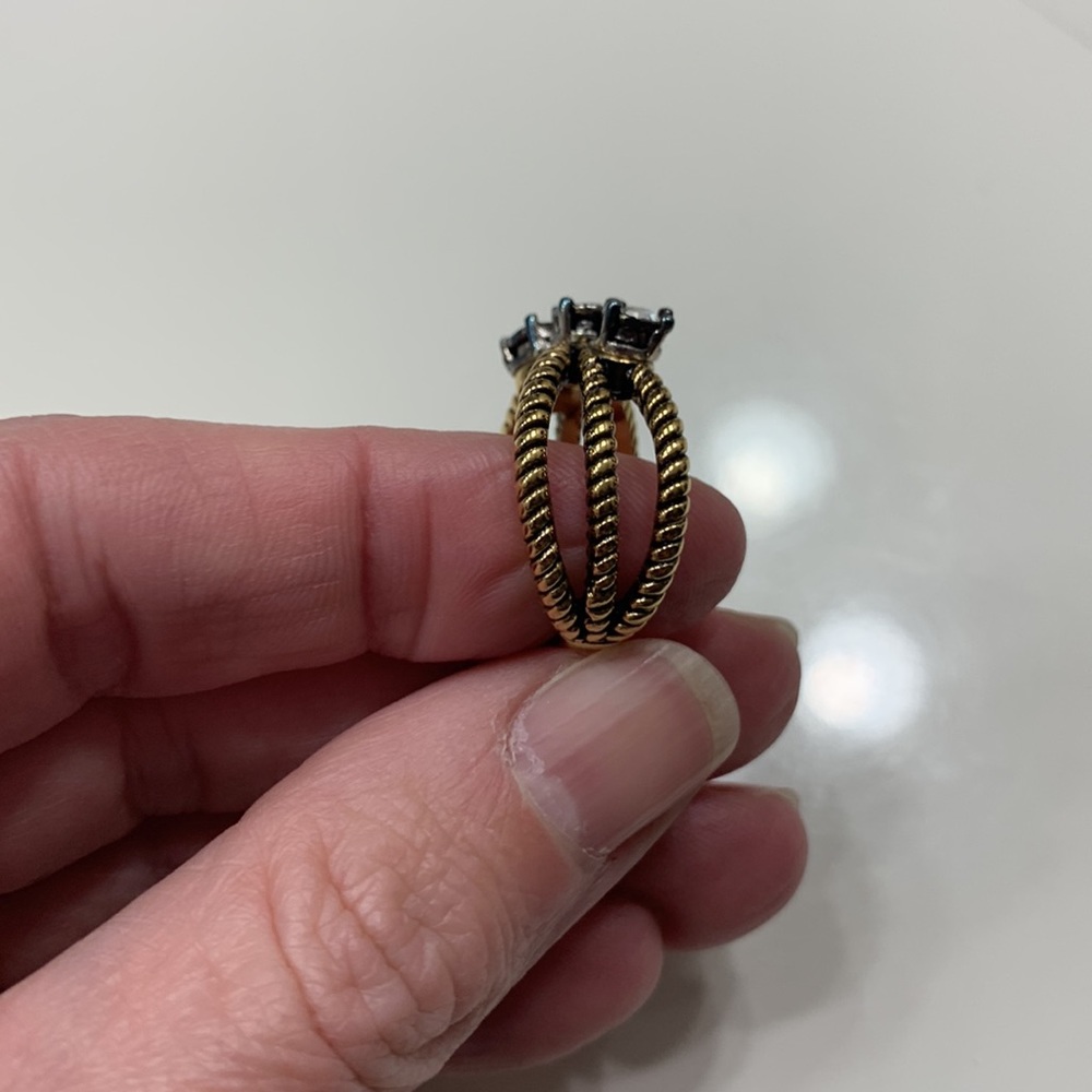 Premier jewelry gold and black ring with 3 clear stones.  Size 9 - Picture 3 of 4